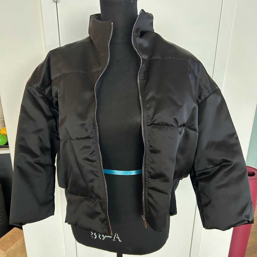 gentry portofino Black Satin Cocoon Padded Bomber Cropped Jacket $1495